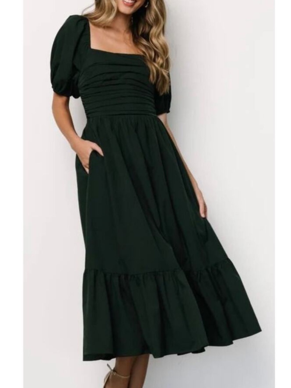 Baltic Born | Emerald Green Ruched Bodice Puff-Sleeve Midi Dress